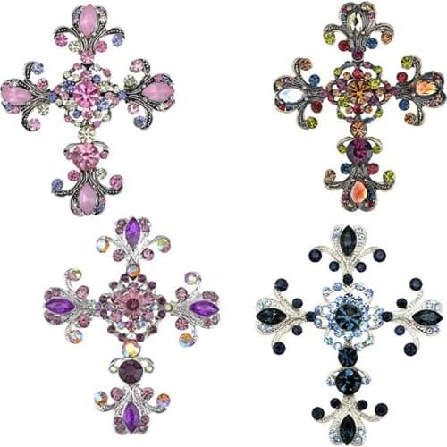 Antique Silvery Tone Rhinestones Cross Brooch Pin