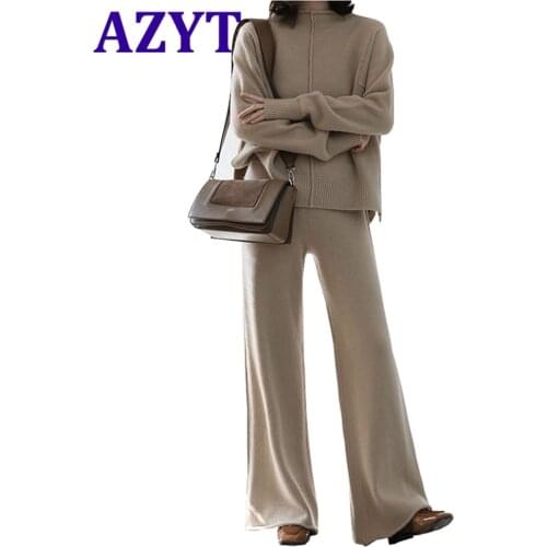 AZYT 2021 Spring New Pullovers Sweater Set Loose Soft Solid Women Knitted suits 2 piece set And High Waist Wide Leg Pants Women