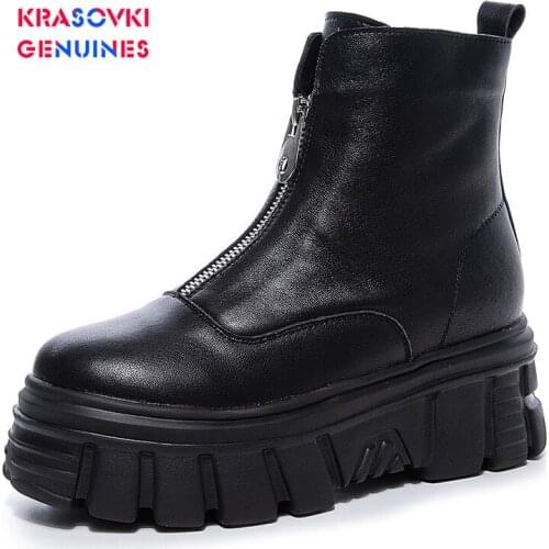 Genuine boots New Combat Women Winter Boots Gothic Black Sock Platform Boots Leather Ankle Boots Women Shoes Fashion Botas Mujer