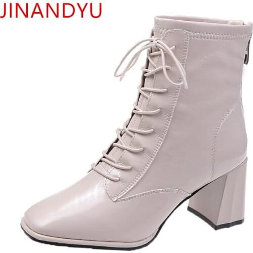 Square Toe Patent Leather Shoes Women Beige Black Lace Up Ankle Boots for Women Fashion Sexy High Heel Party Boots Cuir Femme