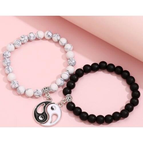 2pcs Yin Yang Tai Chi Bracelet Natural Stone Beads Bracelet Jewelry Handmade Couple Bracelets Friendship Lovers Charm Bracelet