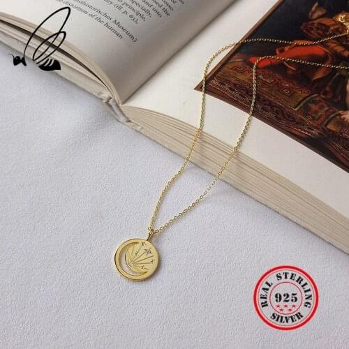 925 Sterling Silver Gold Star And Moon Pendant Necklace Zircon Round Coin Chic Elegant Necklace For Women Fine Jewelry