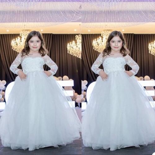 Baby Flower Girls Dress Cute Sheer O Neck Lace Long Sleeve Children Birthday Party Dresses Kids Wedding Prom Communion Wear