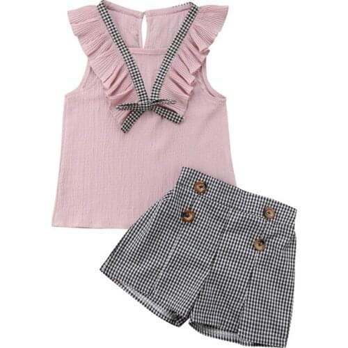 Kids Children Baby Girls Clothes Set Summer Ruffle Sleeveless Tops T-Shirt Plaids Shorts Girl Clothing OL Cute 2Pcs 2-7 Years