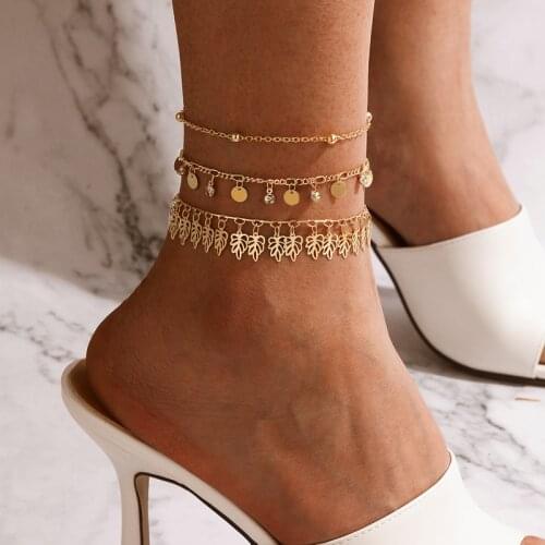 Docona 3pcs/set Luxury Crystal Tassel Anklets for Women Bohemian Gold Geometry Hollow Tree Leaf Foot Chains Jewelry Accessories