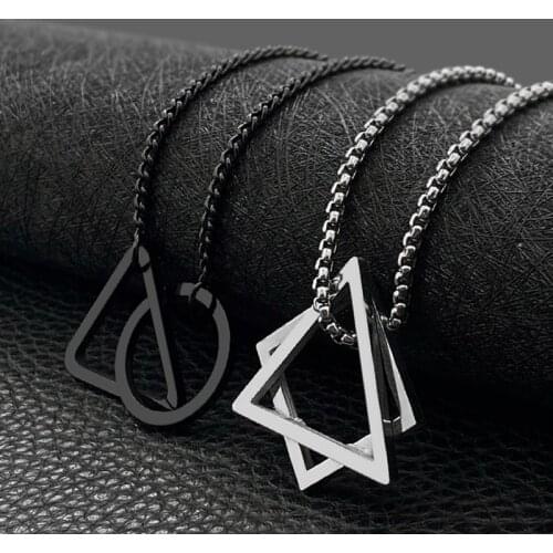 Geometric Triangle Square Circle Pendant Necklaces for Men 24Inch Chain Stainless Steel Punk Jewelry