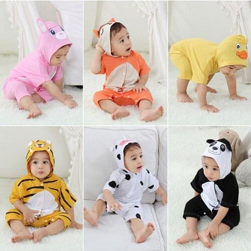 Newborn Baby Rompers Clothes Animal Kigurumis Boy Girls Short Sleeve Onesie Cartoon Tiger Cow Hooded Costumes Toddler