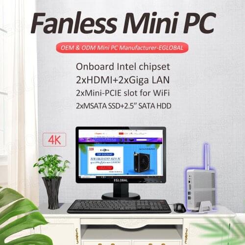 EGLOBAL Intel core i5 i7 CPU fanless mini computer with 4TH 5TH CPU 4500U 5500U pc 2 RJ45 Giga LAN HDMI support SD Card Reader
