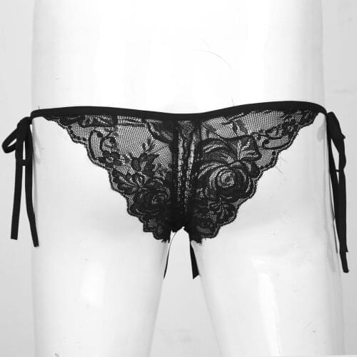 Mens Exotic Crotchless G-string Thong Lace-up T-back Sissy Lingerie Panties Floral Lace Briefs Open Crotch Underwear Underpants