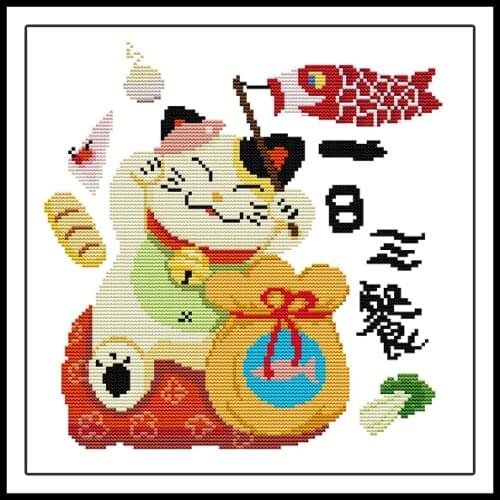Lucky Cat Joy Sunday Cross Stitch Kit Set DIY Embroidery Kit 14CT 11CT Canvas for Embroidery Needlework Sets Animal Paintings