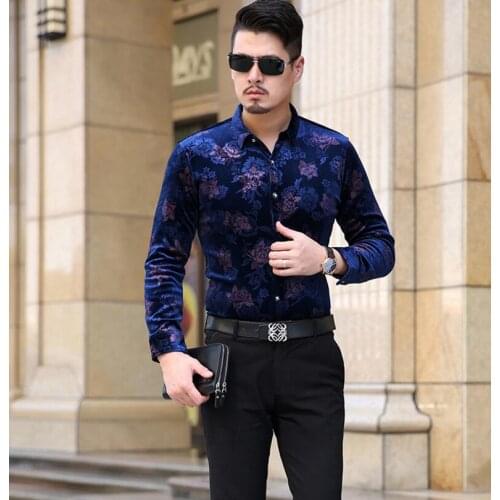The new autumn and winter warm cashmere flannel shirt small floral men gold flowers shirts