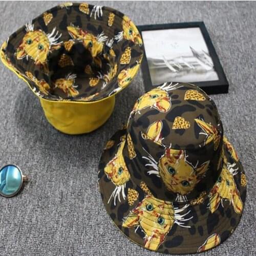 New Unisex Fashion Summer Reversible Cat Face Printed Fisherman Caps Sun Flat Top Cotton Bucket Hip Hop Hats For Men Women
