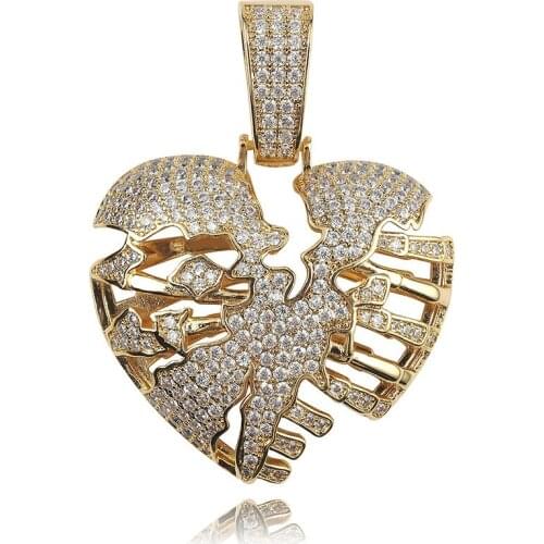 OMYFUN Factory Price Broken Heart Pendant Necklace Gold Silver Color Hollow Heart Pendant CZ Iced Bling Men Jewelry Dropshipping