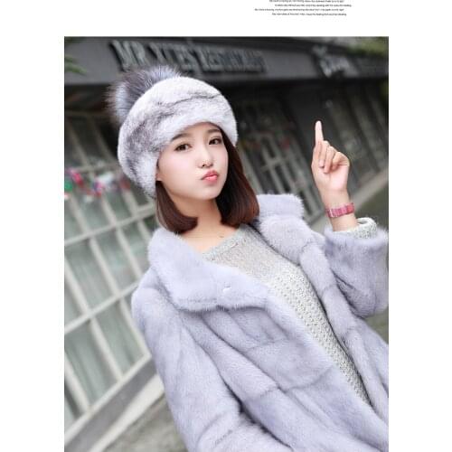 Free Shipping New Genuine Mink Fur hat Real fur cap with Fox Fur Ball Winter with Elasticity 2 colors Wholesale Retail OEM