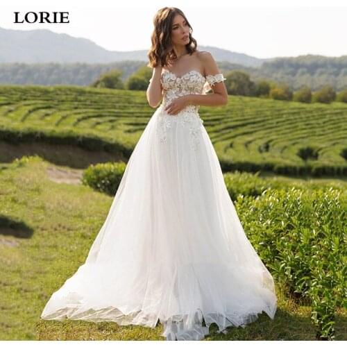 LORIE Ivory Boho Wedding Dress A Line 3D Lace Bride Dresses Off The Shoulder Wedding Party Gowns
