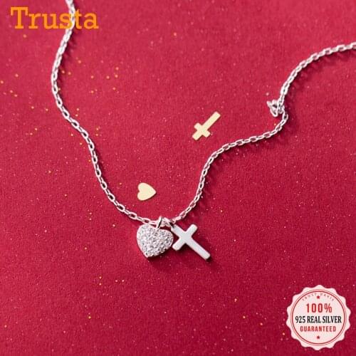 Trustdavis Real 925 Sterling Silver Fashion Heart Cross CZ Pendant Short Clavicle Necklace For Women Wedding Fine Jewelry DA16