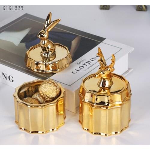 Creative Golden Animal Head Storage Jar Ceramic Electroplating Jewelry Box Crafts Cute Elk Rabbit Food Tea Sealed Jar Decoration