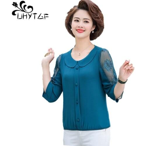 UHYTGF Elegant Mother Summer Blouses Fashion Single-Breasted Pullover Chiffon Shirt Female 2021New 5XL Plus Size Tops Women 1624