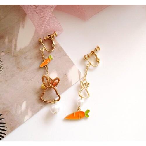 Japan And South Korea Cartoon Hollow Rabbit Carrot Pearl Asymmetrical Earrings Fun Girl Fashion Cute Ear Jewelry