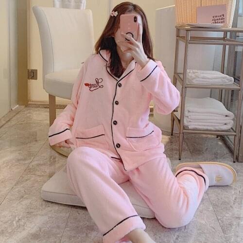 Winter pajamas Turn-down Collar pink pijama For women long Sleeve pyjamas women warm sleepware