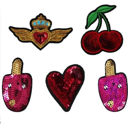 5PCS Small Patch Fruit Heart-shaped Sequin Applique Sew On Patch DIY Embroidered Bling Bling Fruit For Kids Clothing Accessories