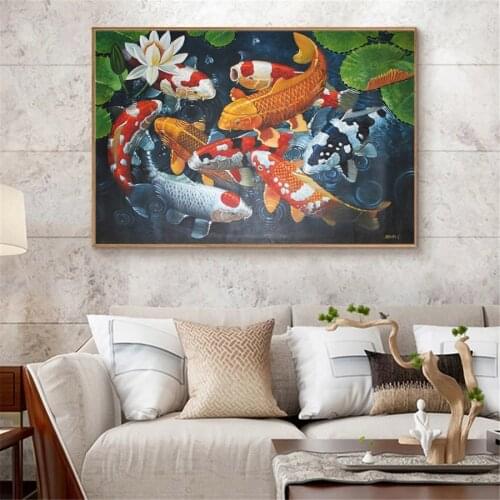 Modern Chinese Abstract Nine HD Koi Fish Landscape Oil on Canvas Painting Poster and Print Wall Art Picture for Living Room