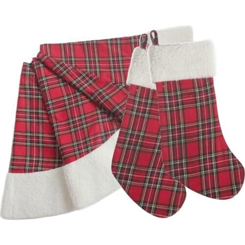 Free shipping set of 1pc EXTRA LARGE 46" Polar Fleece plaid Christmas tree skirt 2pcs Christmas stockings P1764