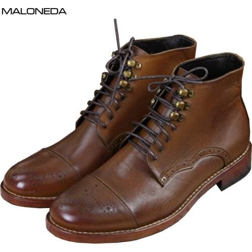MALONEDE Fashion Retro Full Grain Leather Handmade Goodyear Short Boots Lace up Formal Dress Ankle Boots for Men Footwear