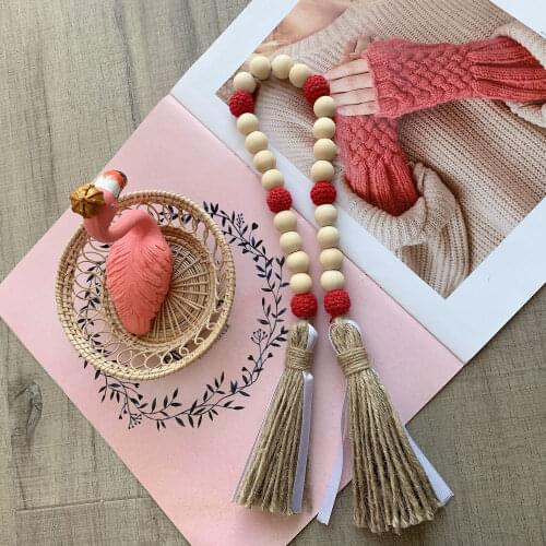 Natural Wool Wood Beads String Home Farmhouse Potted Plants Decor Rustic Jute Tassel Creative Wedding Decoration Crafts Gifts