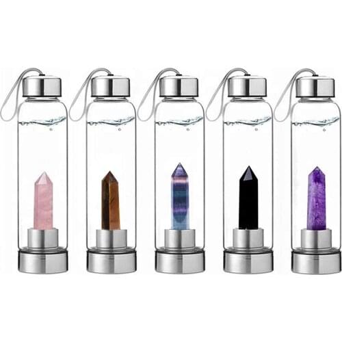 Natural Glass Water Bottle Quartz Gemstone Direct Drinking Cup Glass Crystal Obelisk Wand Healing Wand Tea Bottle With Rope