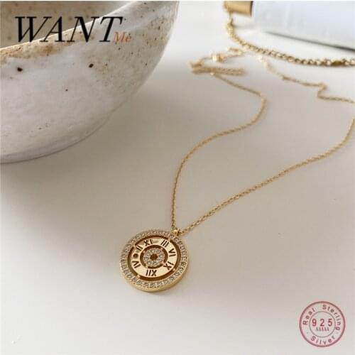 WANTME Genuine 100% 925 Sterling Silver Luxury Zircon Clock Watch Roman Numeral Pendant Necklace for Women Jewelry Accessories