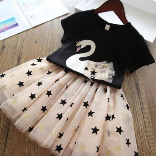 Children Clothing Summer Baby Kids Girls Clothes Sets Brand Fashion Students T-Shirt + Star Dress Cartoon Swan Short Sleeve Suit