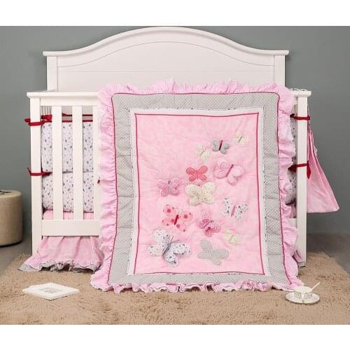 Baby Bedding Set 3D Applique Embroidery Butterfly Pattern Crib Set Comfoter Sheet Crib Skirt Bumpers For Newborn Baby Girl
