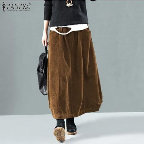 Elegant Womens Corduroy Skirts 2021 ZANZEA Spring Casual Sundress Elastic Waist Maxi Vestidos Female Robe Faldas Saia Oversized