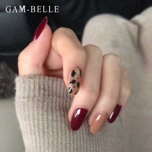 GAM-BELLE Wine Red Glitter Leopard Pattern Fake Nails French Long Oval Artificial Press On Nails Decals Manicure Nail Art Tools