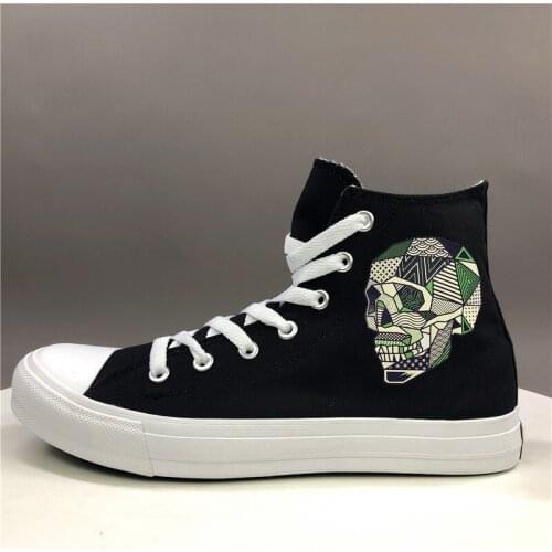 Wen Black White Women Canvas Gym Shoes Geometric Pattern Skull Adult Design High Top Drawstring Men Skateboarding Shoes Sneakers