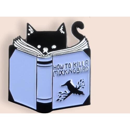 Reading Book Cat Enamel Pin How To Kill A Mocking Bird Badge Brooch Cartoon Animal Badges Jewelry Gifts