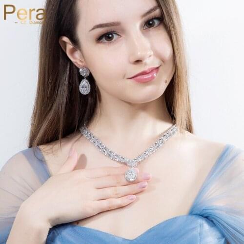 Pera Luxurious Bridal Wedding Gift Jewelry Set Blue And White Crystal Stone Big Water Drop Necklace And Earrings For Women J062