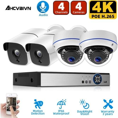 8MP 4K Ultra HD Security Camera System 4ch PoE NVR & 4 PoE IP Bullet Dome Cameras Surveillance 4CH NVR Kit P2P XMEYE