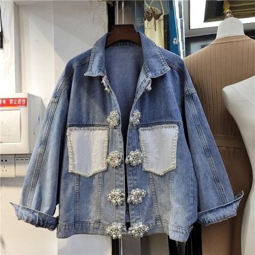 Autumn Korean Fashion Heavy Work Sequins Big Pocket Denim Jacket Coat Women Oversized Loose Outerwear Blue Jeans Jackets Female