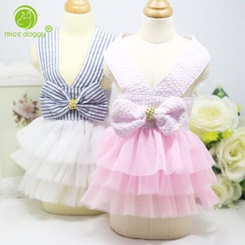 MISS DOGGY Pet Summer Bowknot Pet Costume Dress Pet Dog Striped Cat Dog Puppy Wedding Princess Tutu Skirt Dog Clothes XS - XXL