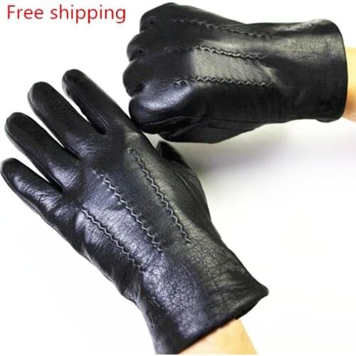 Men Winter genuine Leather Gloves Deerskin Watermark Pattern Wool Lining, Velvet Imitation Rabbit Lining Free Shipping