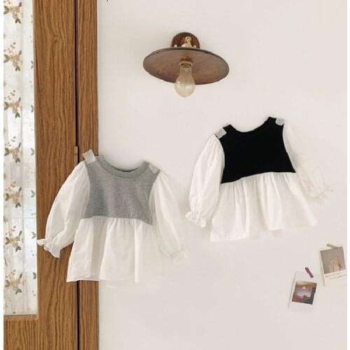 2021 New Autumn Baby Girls Patchwork Shirts Korean Style Puff Sleeve Casual Kids Tops Toddlers Children Blouses