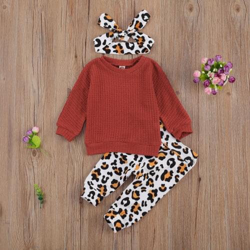 Pudcoco Newborn Baby Girl Clothes Long Sleeve Round Neck Sweater Leopard Pattern Long Pants Headband 3Pcs Outfits Autumn Suit