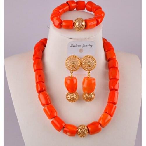 Orange natural cylindrical coral beads romantic African wedding jewelry Nigeria coral beads bridal jewelry set AU-35