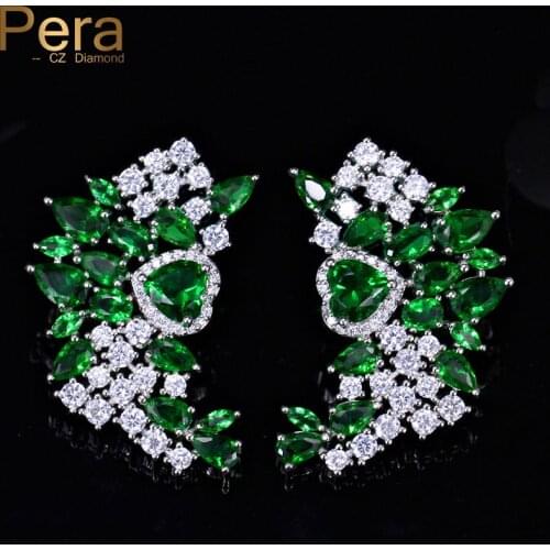 Pera Elegant Prom Party Symmetrical Ear Jewelry Natural Green And White Cubic Zirconia Big Cluster Stud Earrings For Women E367