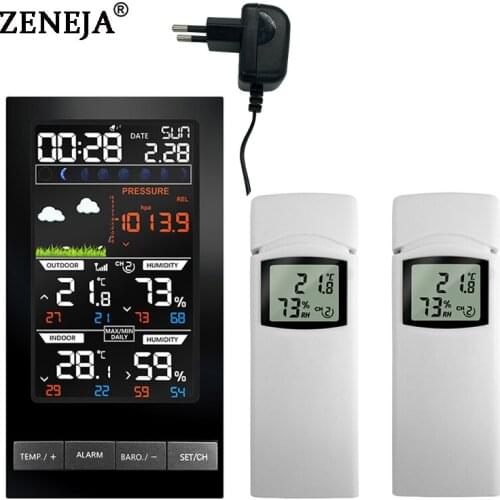 2 Outdoor Wireless Sensors Weather Station Color LCD Digital Thermometer mmHg Barometer Hygrometer Weather Forecast Alarm Clock