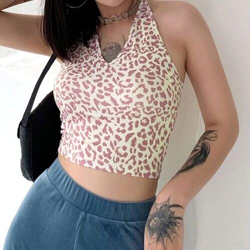 2021 Summer Spaghetti Strap Top Sexy Sleeveless Crop Top Y2K Backless Camisole Pink Leopard Shirt Women Casual Tank Tops Female