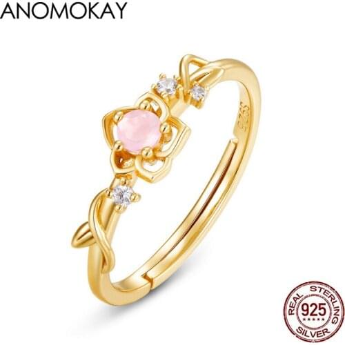 Anomokay Openwork Flower Leaf Pink Crystal Gold Color Rings for Women Real Sterling 925 Silver Resizable Ring Jewelry Gift