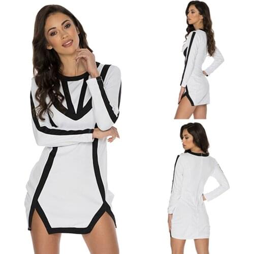 Contrast Color Striped Tape Bodycon Dress Women Sexy V Neck Long Sleeve Party Dress